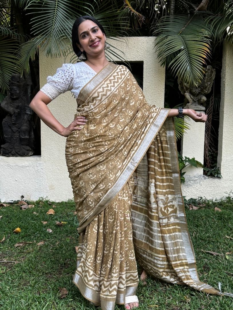 Brown Pure Cotton  Handblock Printed Formal Saree