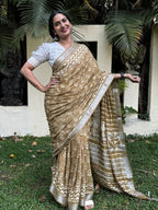 Brown Pure Cotton  Handblock Printed Formal Saree