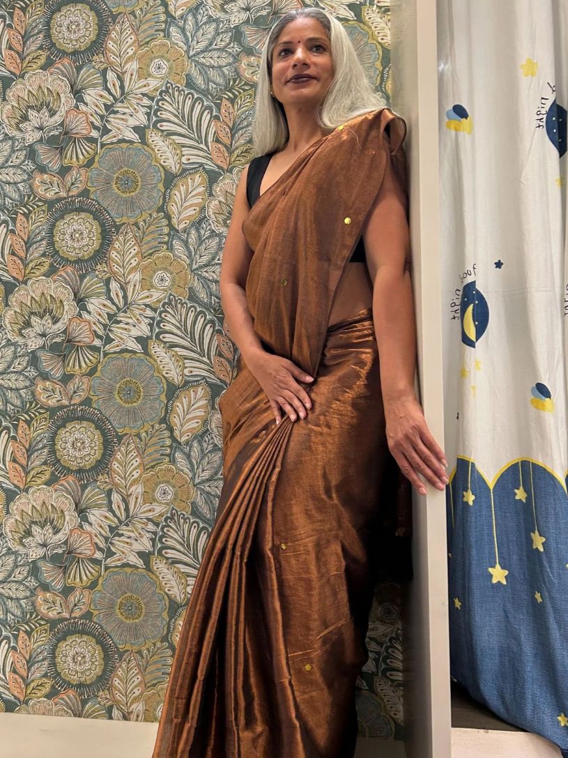 Brown Tissue Cotton Saree with Gini Work