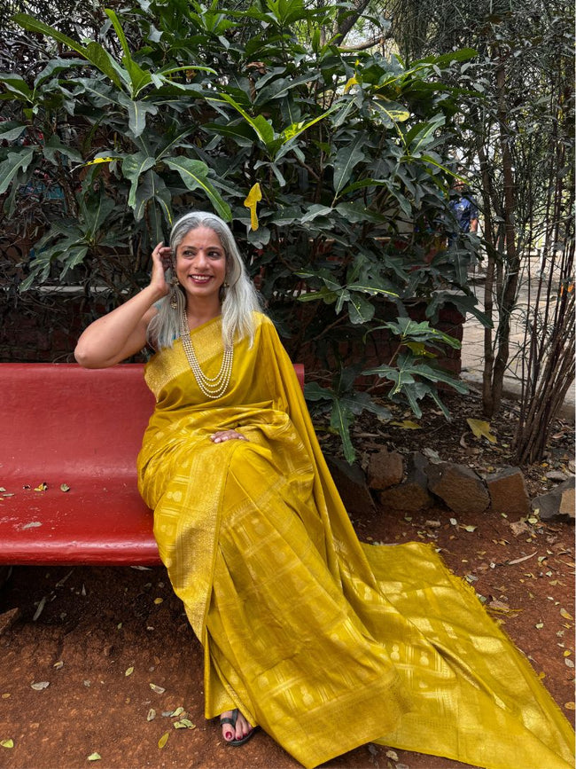 Yellow silk saree with zari border Main Image