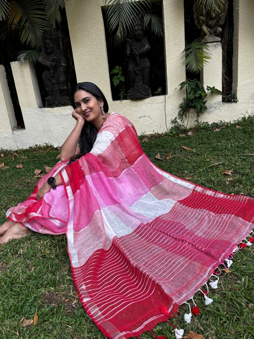 Pink and Red pure Linen saree