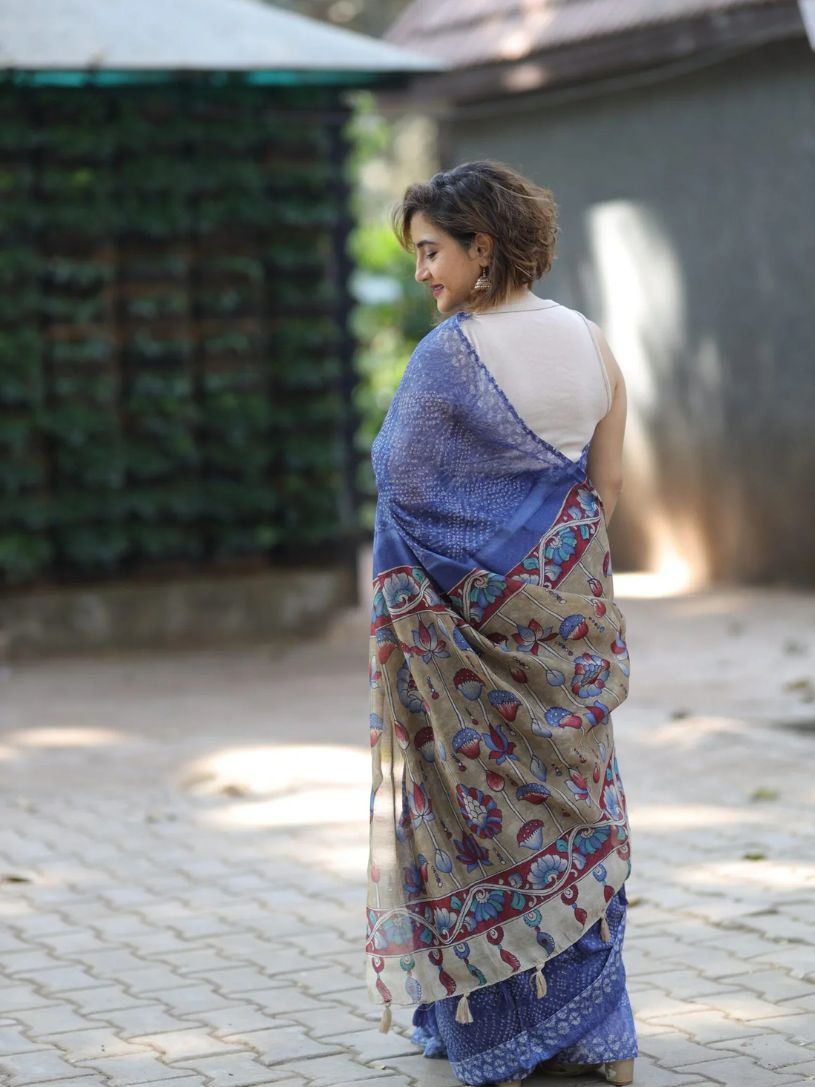 Indigo Blue Semi Linen Saree with Kalamkari Pallu