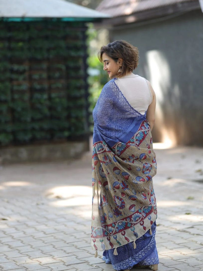 Indigo Blue Semi Linen Saree with Kalamkari Pallu Main Image