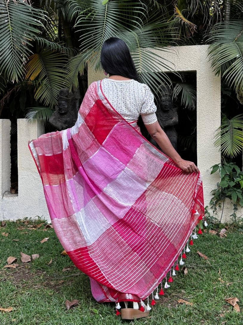Pink and Red pure Linen saree