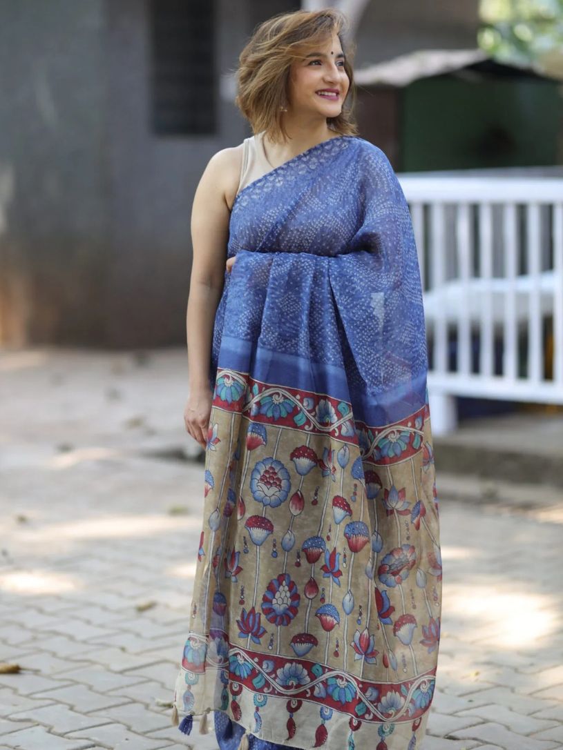 Indigo Blue Semi Linen Saree with Kalamkari Pallu