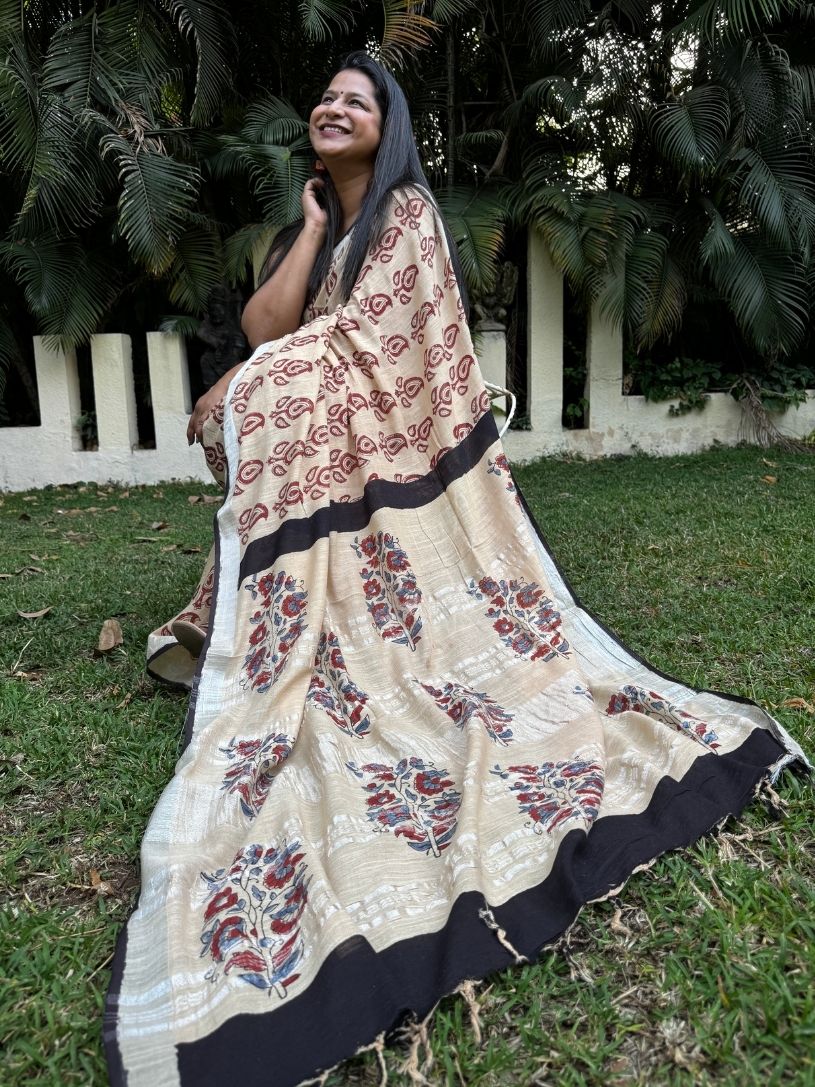 Beige & Maroon Pure Cotton Hand block Print Formal Saree