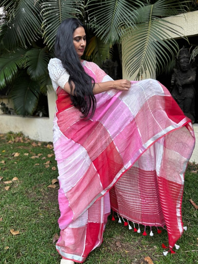 Pink and Red pure Linen saree
