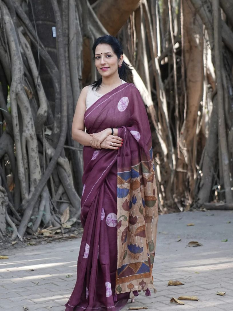 Dark Magenta Semi-Linen Saree With Kalamkari Pallu