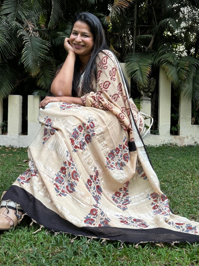 Beige & Maroon Pure Cotton Hand block Print Formal Saree