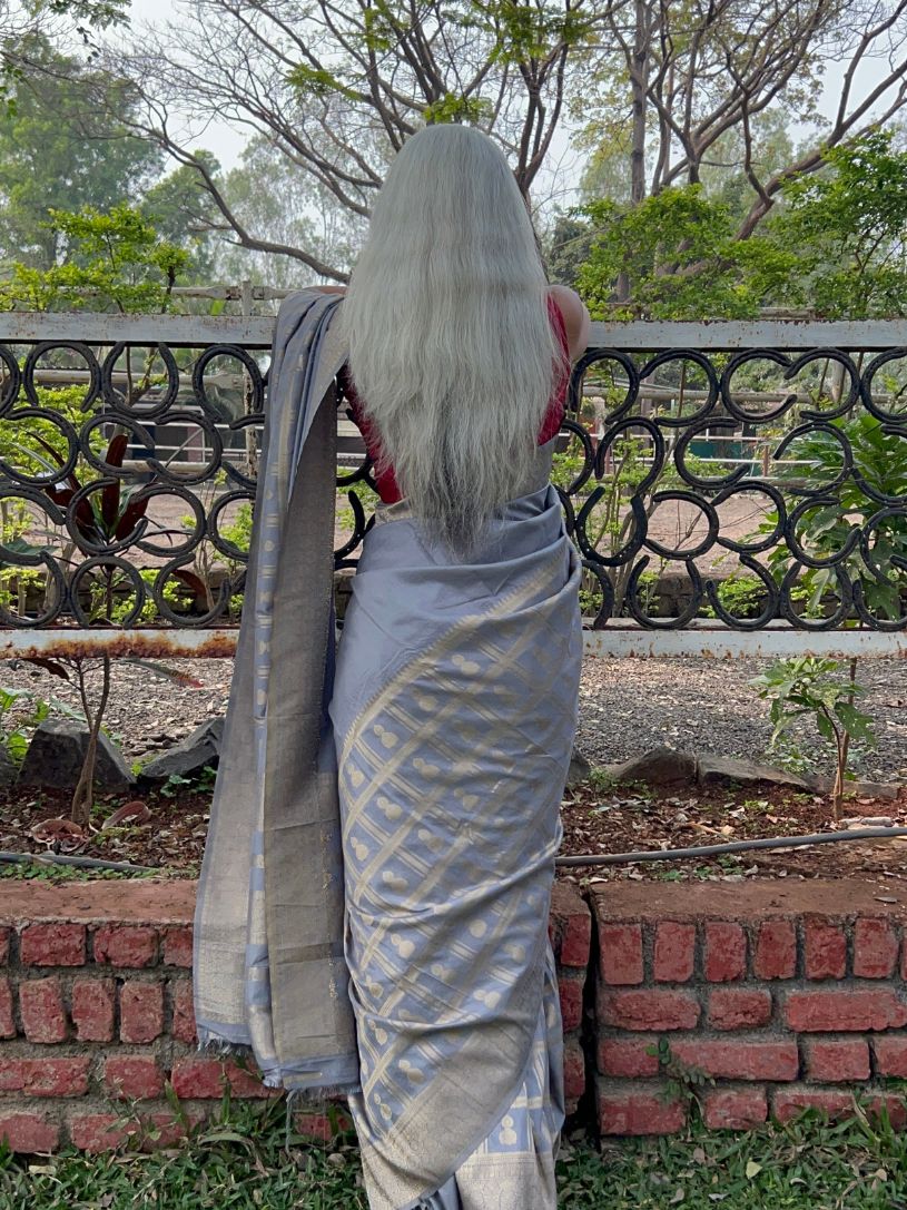 Grey Silk saree with Zari Border