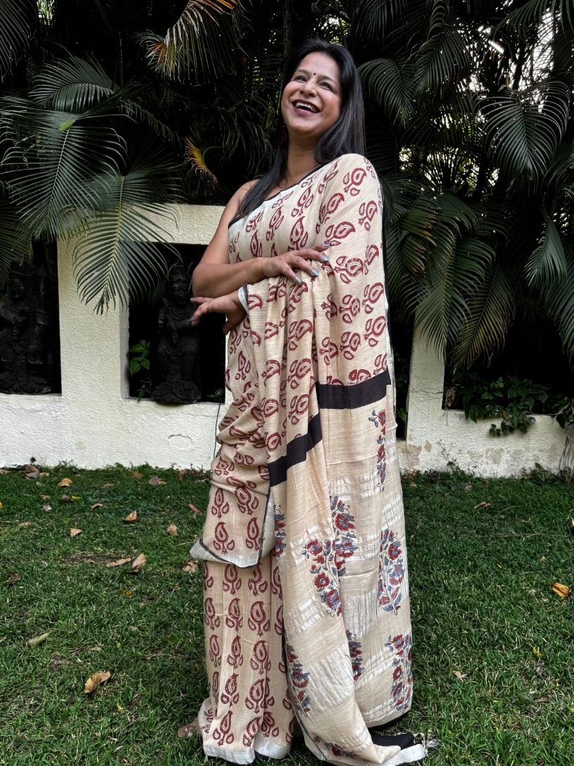 Beige & Maroon Pure Cotton Hand block Print Formal Saree