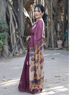 Dark Magenta Semi-Linen Saree With Kalamkari Pallu