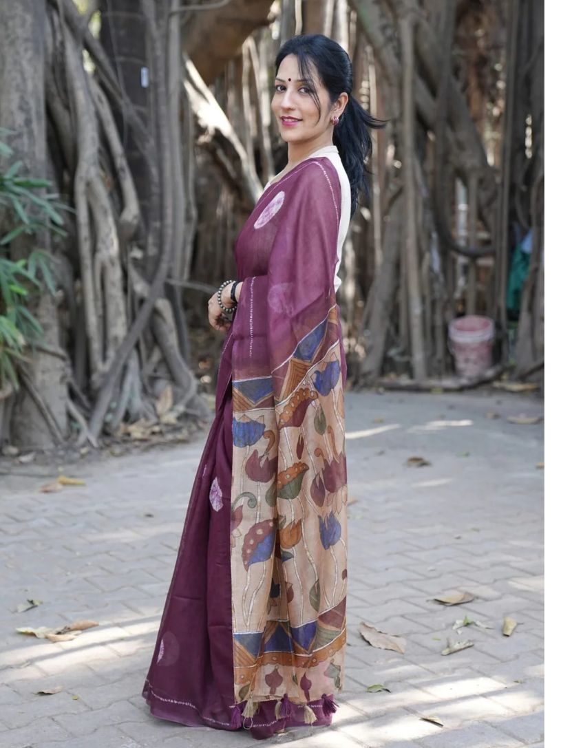 Dark Magenta Semi-Linen Saree With Kalamkari Pallu