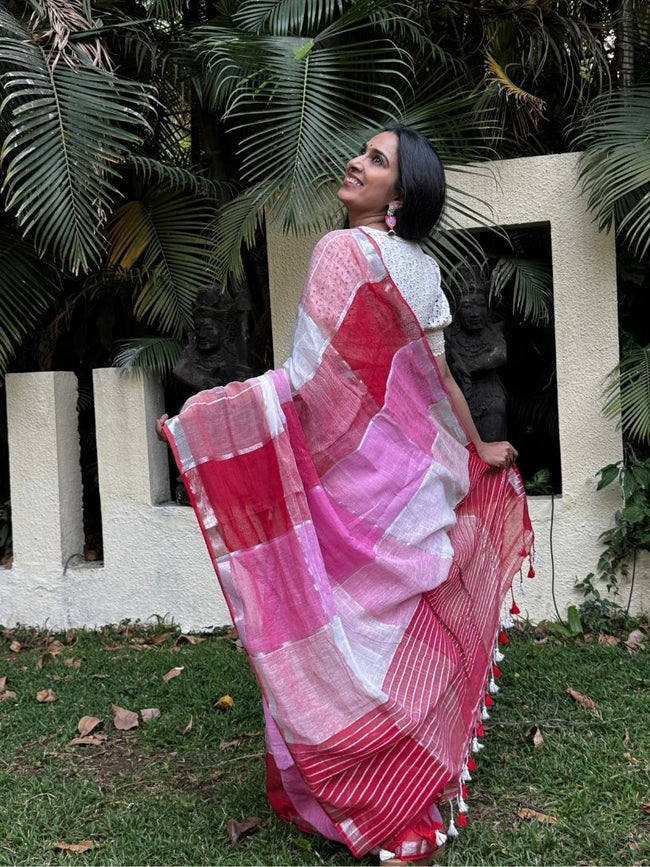 Pink and Red pure Linen saree Hover Image