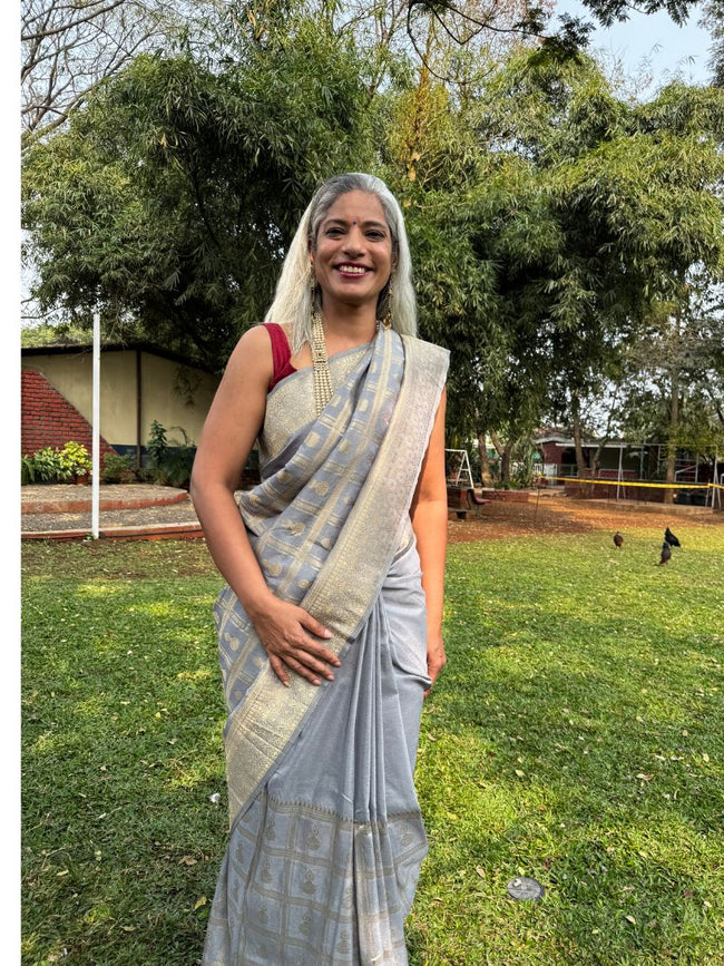 Grey Silk saree with Zari Border Hover Image