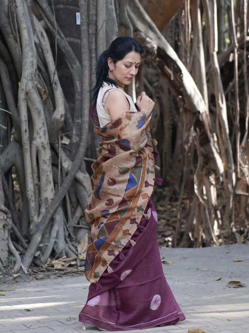 Dark Magenta Semi-Linen Saree With Kalamkari Pallu