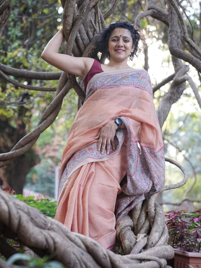 Maroon Semi Linen Saree with Madhubani Pallu and Border