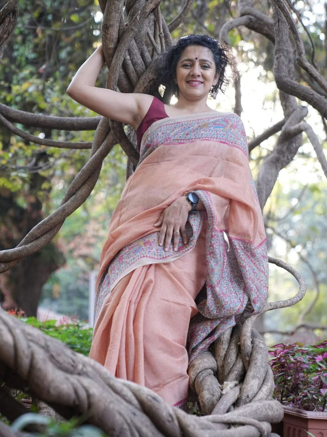 Maroon Semi Linen Saree with Madhubani Pallu and Border Hover Image