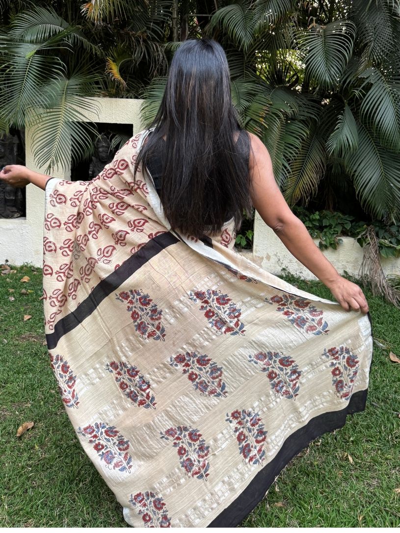 Beige & Maroon Pure Cotton Hand block Print Formal Saree