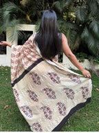 Beige & Maroon Pure Cotton Hand block Print Formal Saree