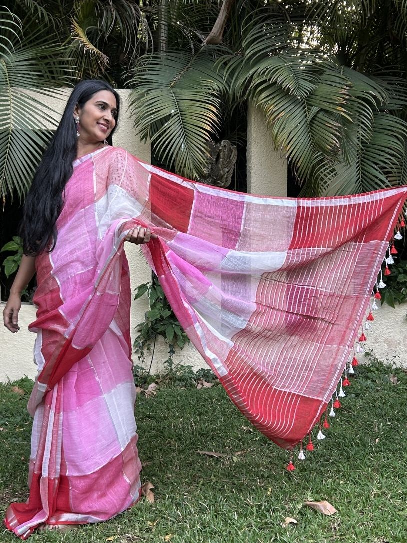 Pink and Red pure Linen saree