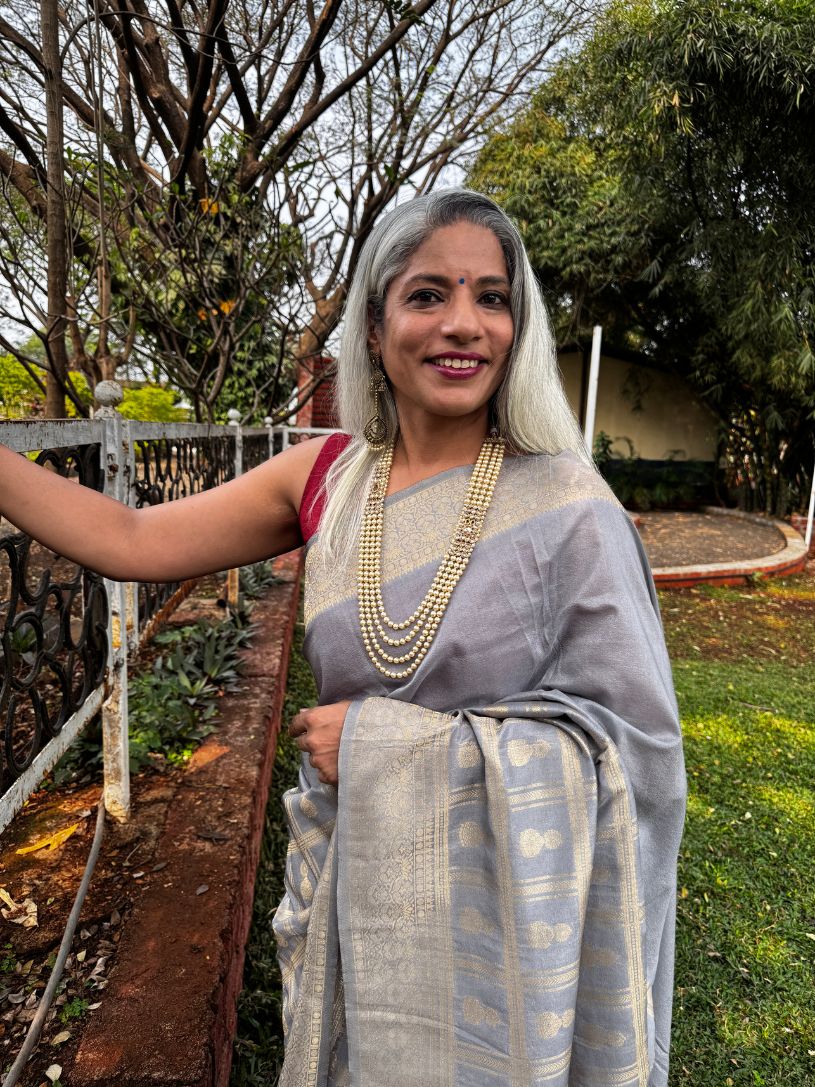 Grey Silk saree with Zari Border