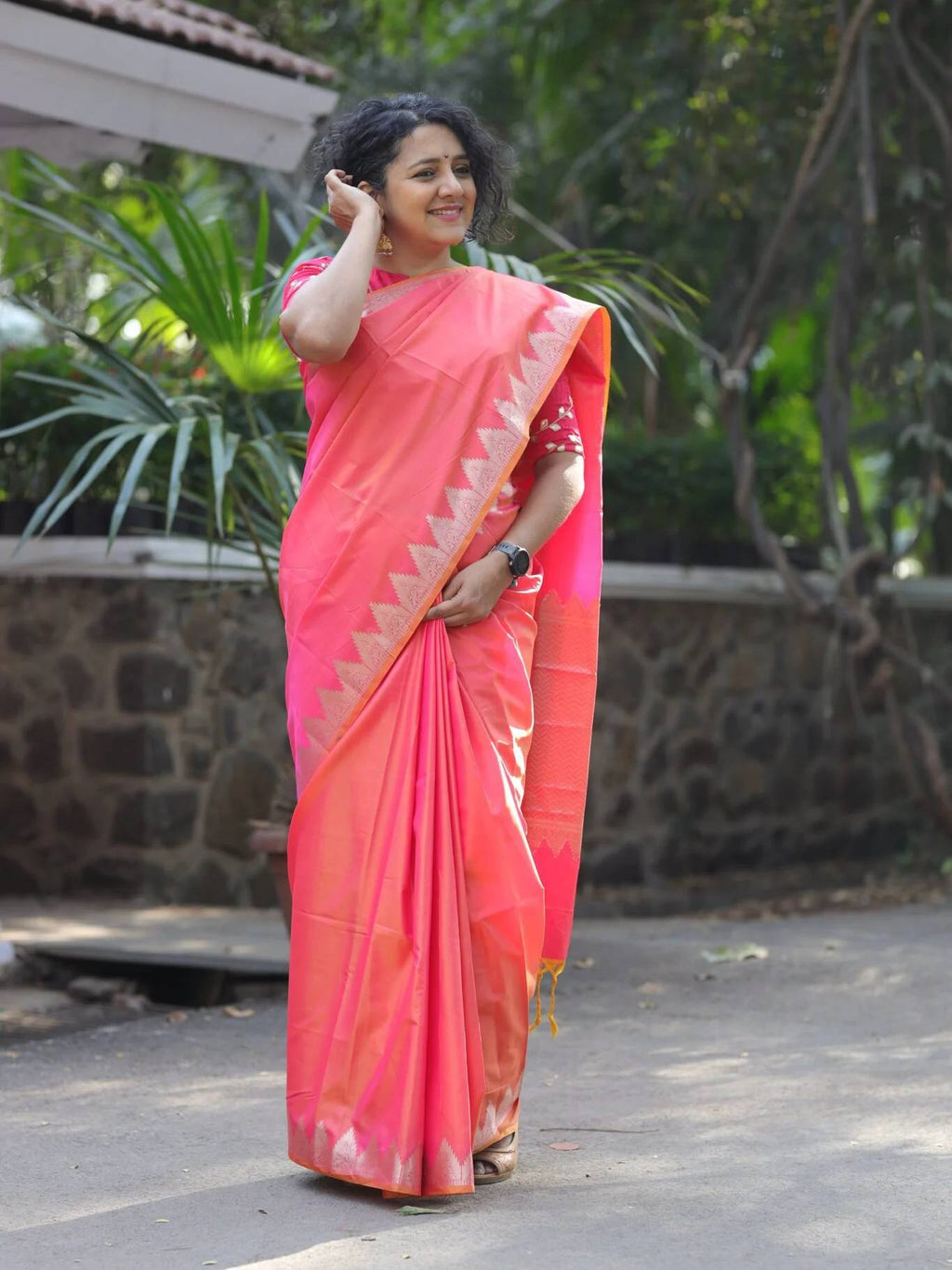 Coral Orange Katan Silk Saree