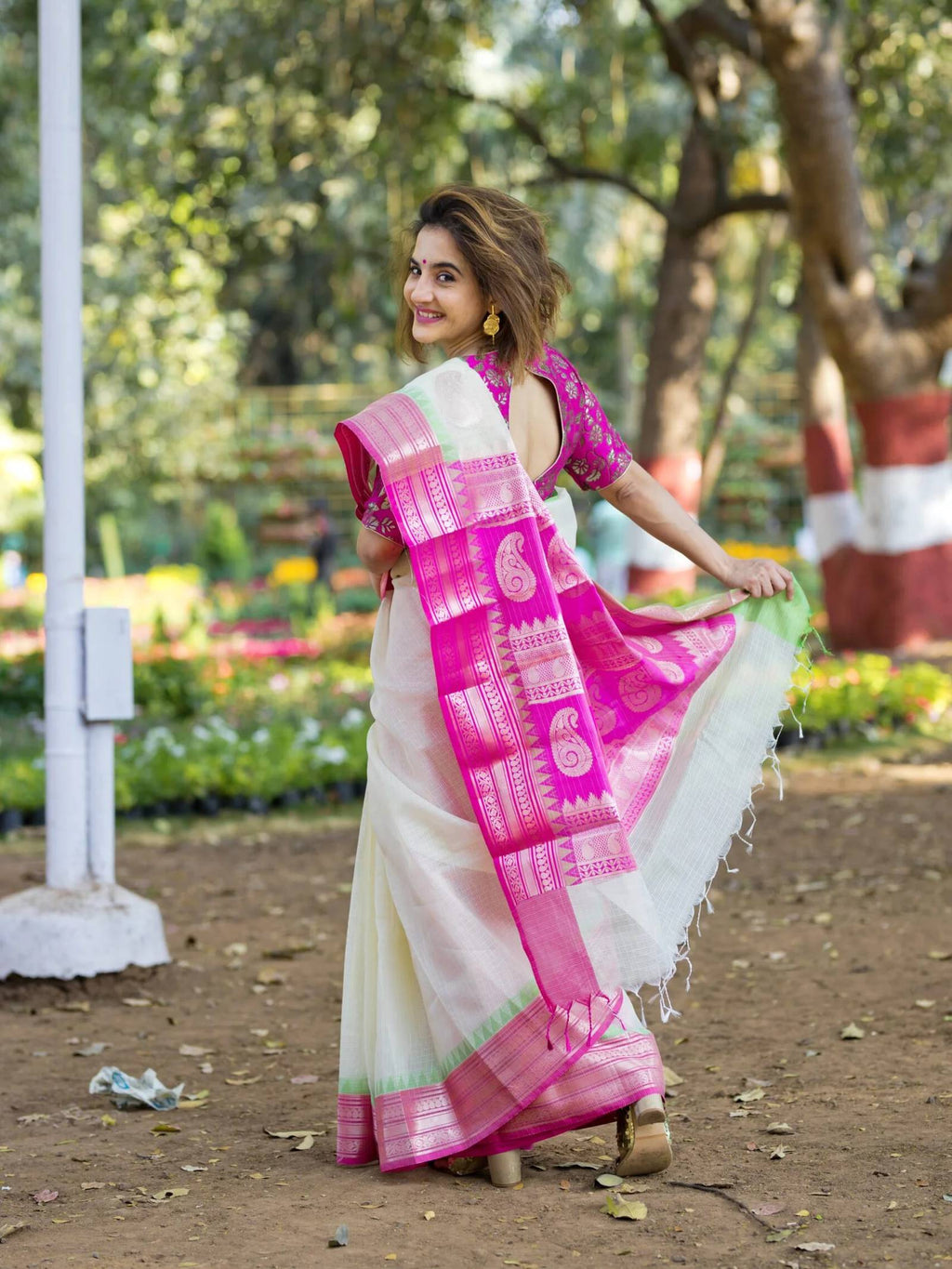 Cream Kota Saree With Pink Border