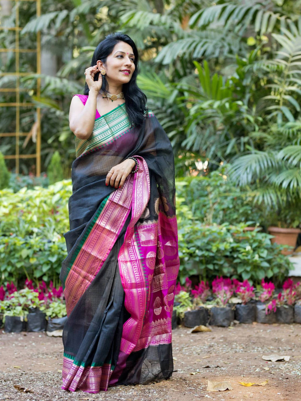 Coal Black Kota Saree With Green & Pink Border