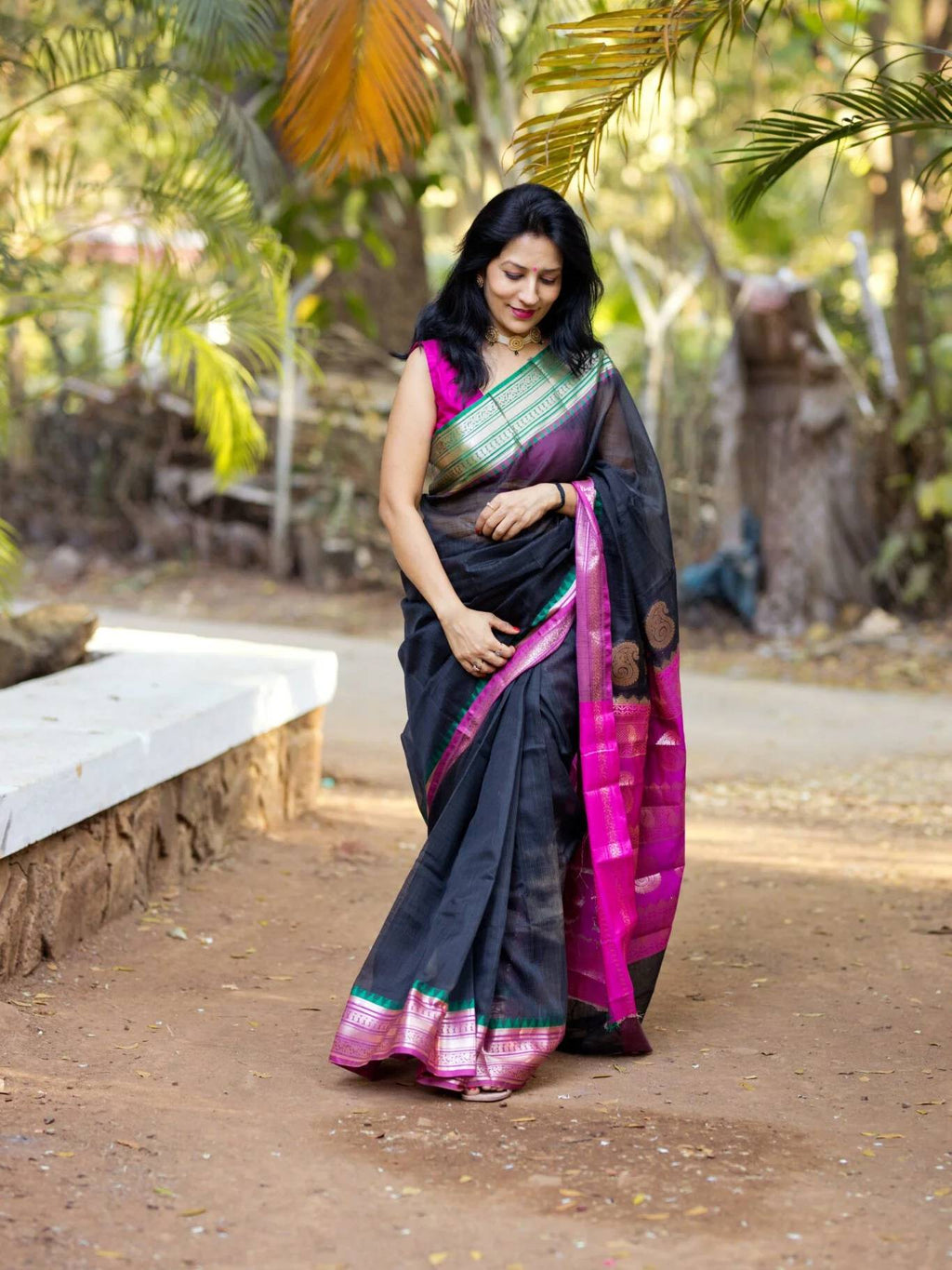 Coal Black Kota Saree With Green & Pink Border