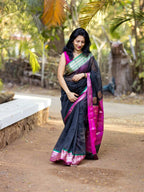 Coal Black Kota Saree With Green & Pink Border