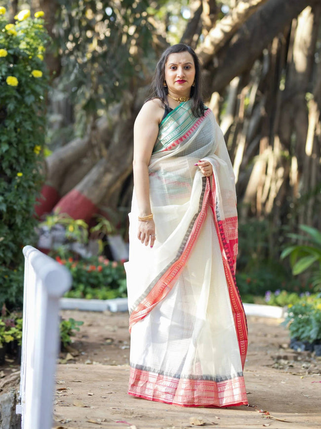Cream Kota Saree With Red Border Hover Image