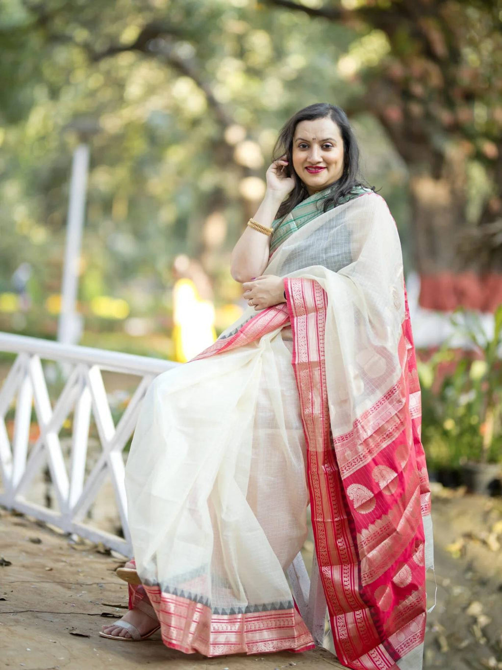 Cream Kota Saree With Red Border
