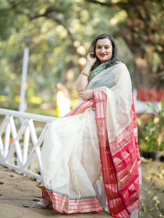 Cream Kota Saree With Red Border Main Image