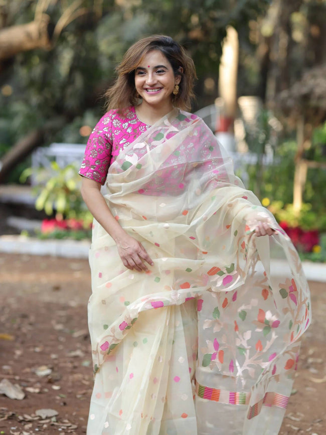 Ivory White Organza Saree With Jamdani Weave Hover Image