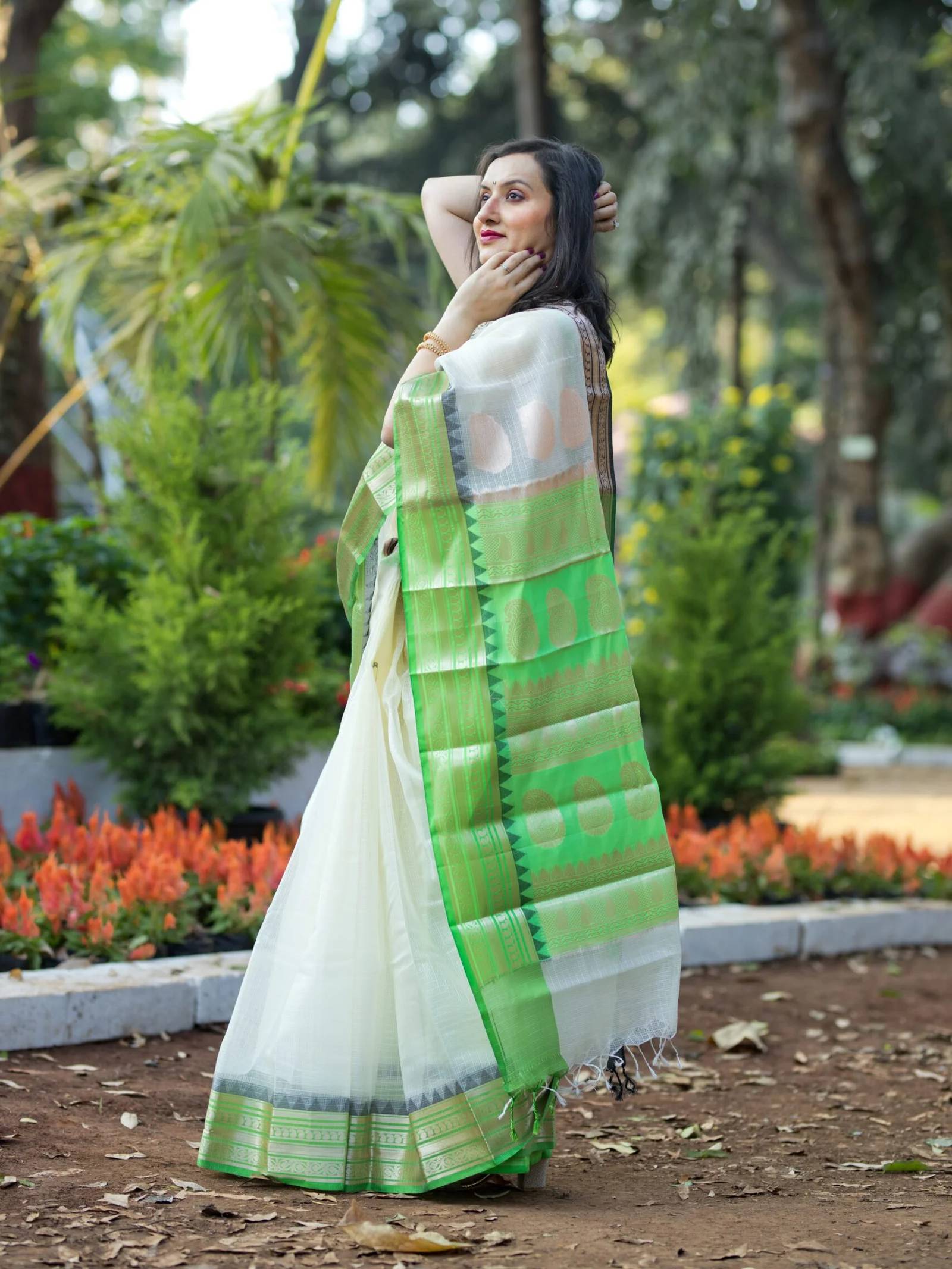 Cream Kota Saree With Green Border