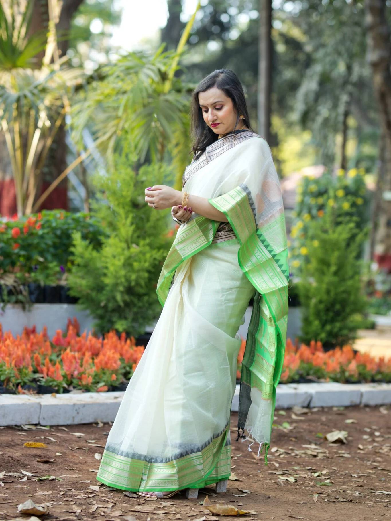 Cream Kota Saree With Green Border