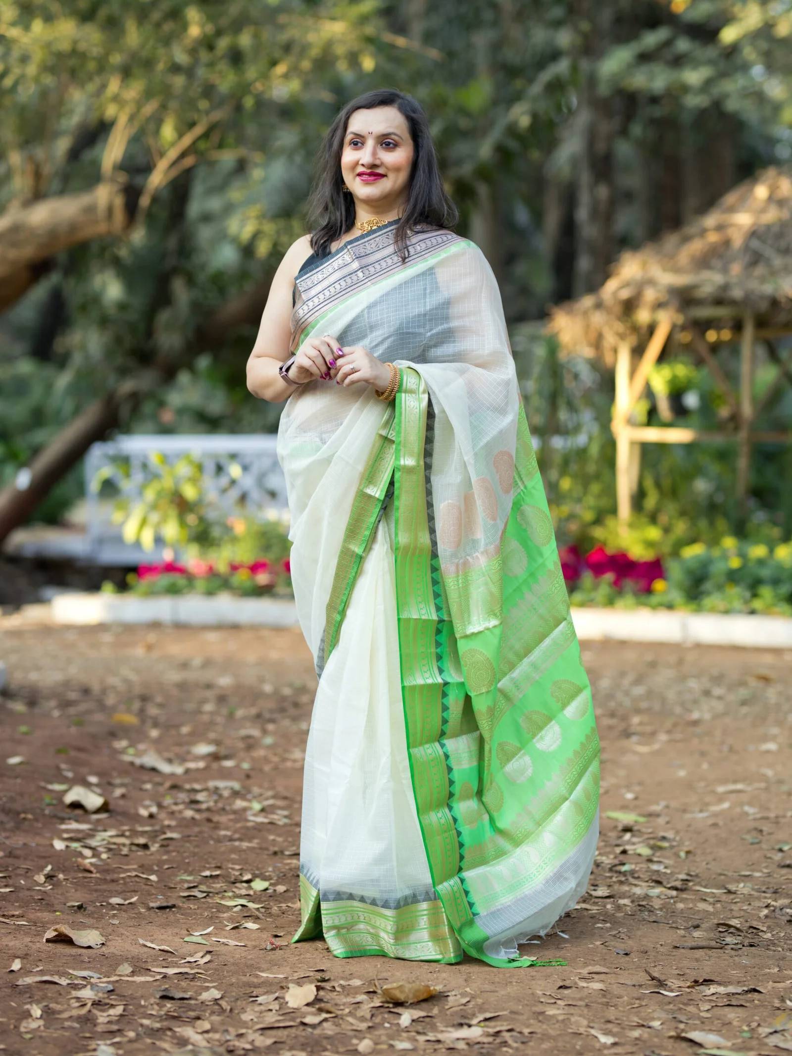 Cream Kota Saree With Green Border