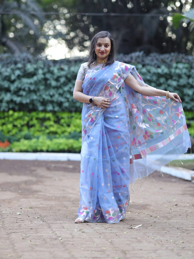 Sky Blue Organza Saree With Jamdani Weave Hover Image
