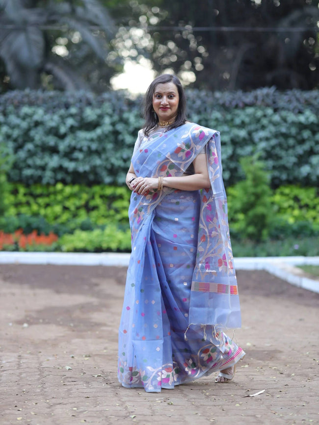 Sky Blue Organza Saree With Jamdani Weave Main Image