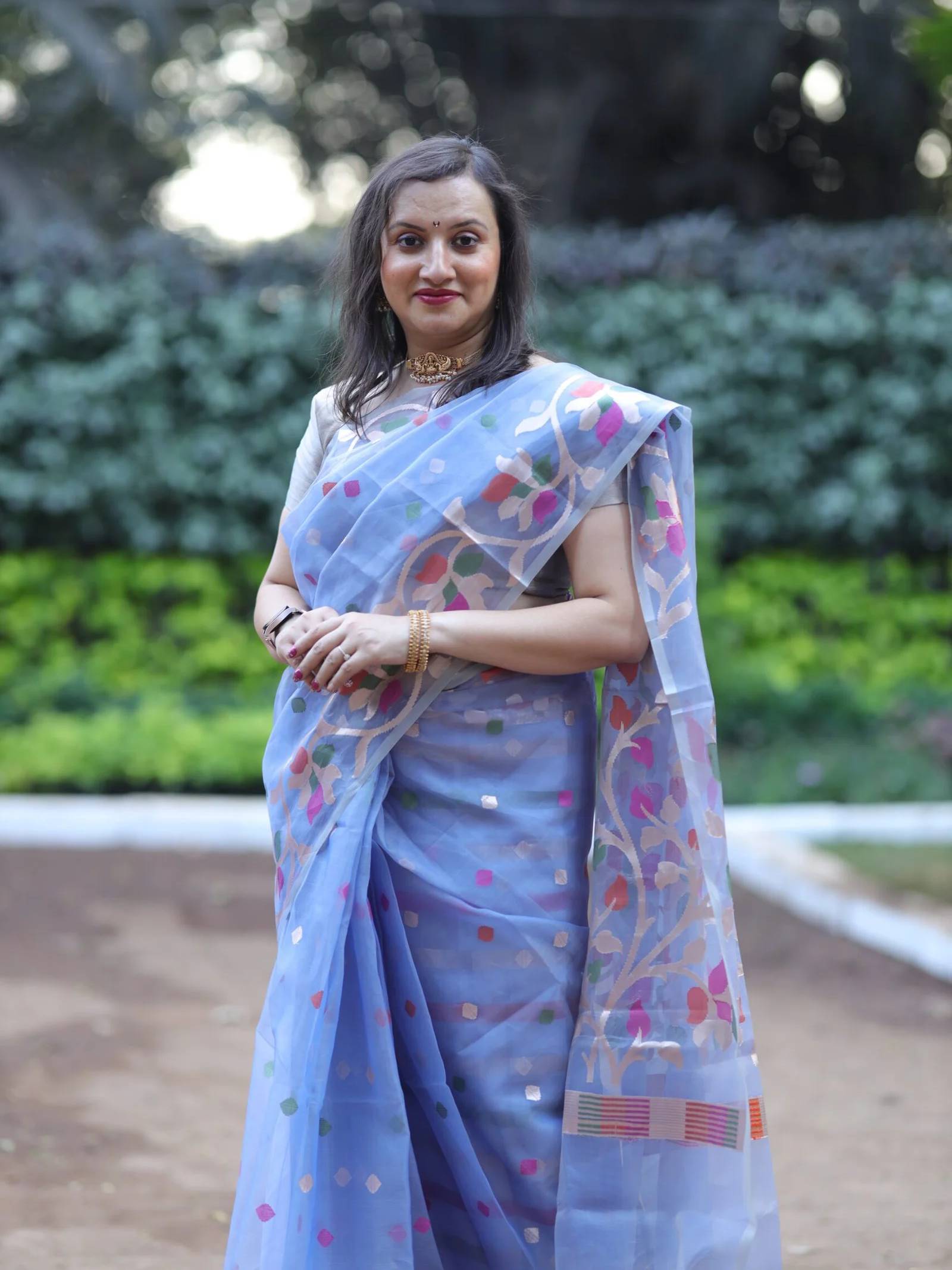 Sky Blue Organza Saree With Jamdani Weave