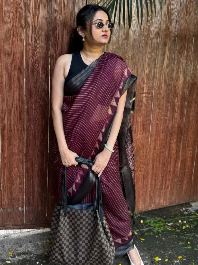 Dark Magenta Semi-Linen Saree With Black Ajrakh Pallu