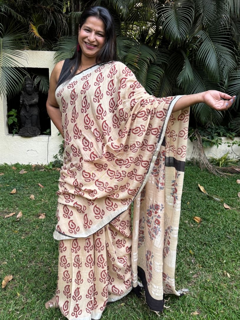 Beige & Maroon Pure Cotton Hand block Print Formal Saree
