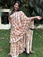Beige & Maroon Pure Cotton Hand block Print Formal Saree