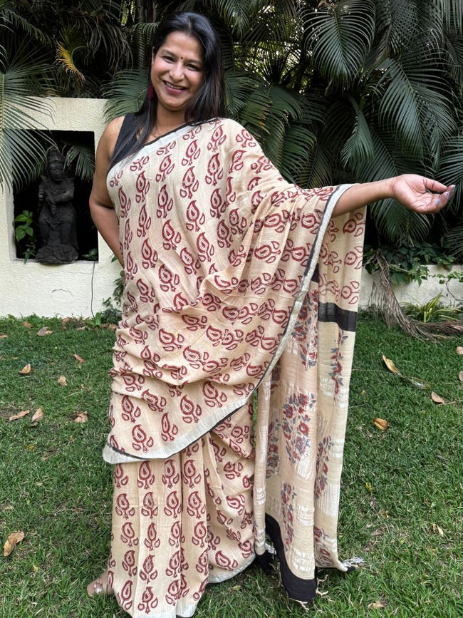 Beige & Maroon Pure Cotton Hand block Print Formal Saree Hover Image