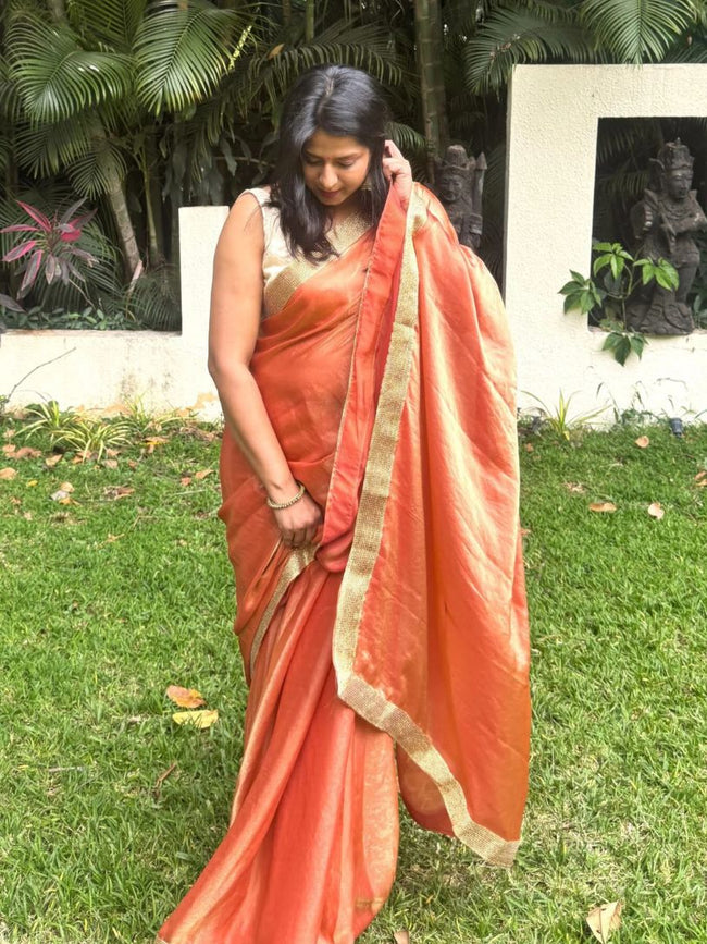 Coral Orange Tissue Silk Saree Hover Image