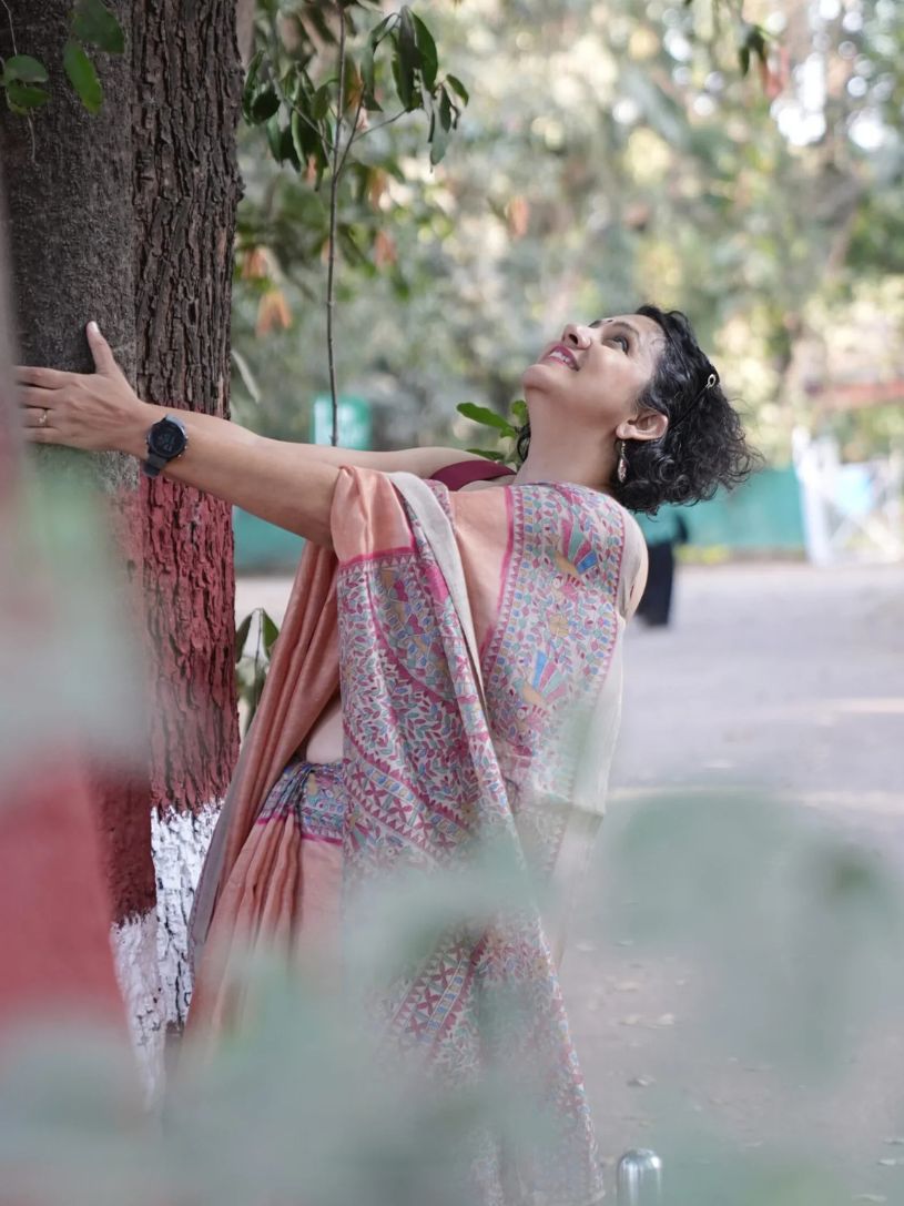 Maroon Semi Linen Saree with Madhubani Pallu and Border