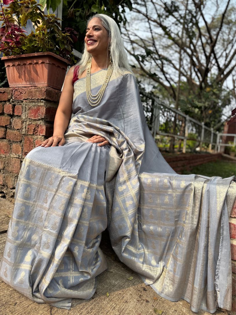 Grey Silk saree with Zari Border