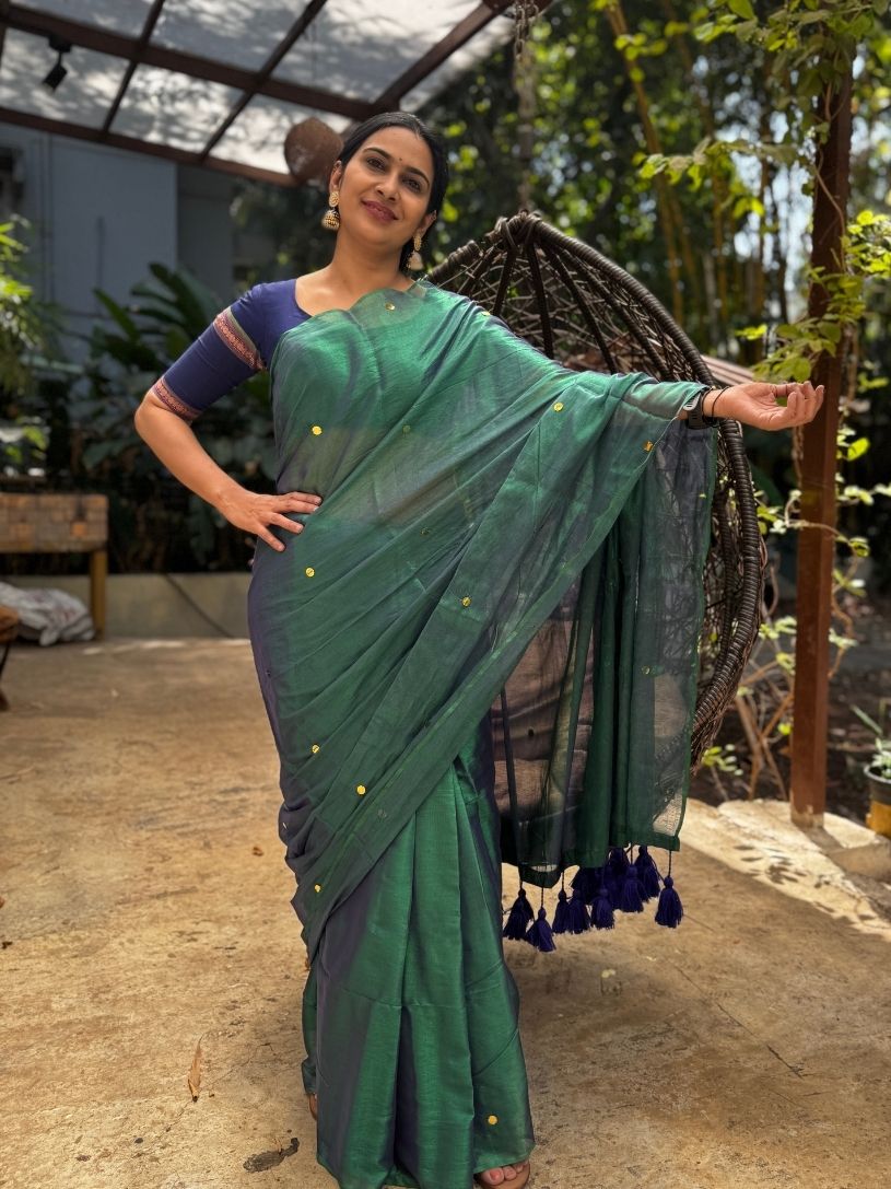 Peacock Blue tissue cotton Saree with Gold Gini Work