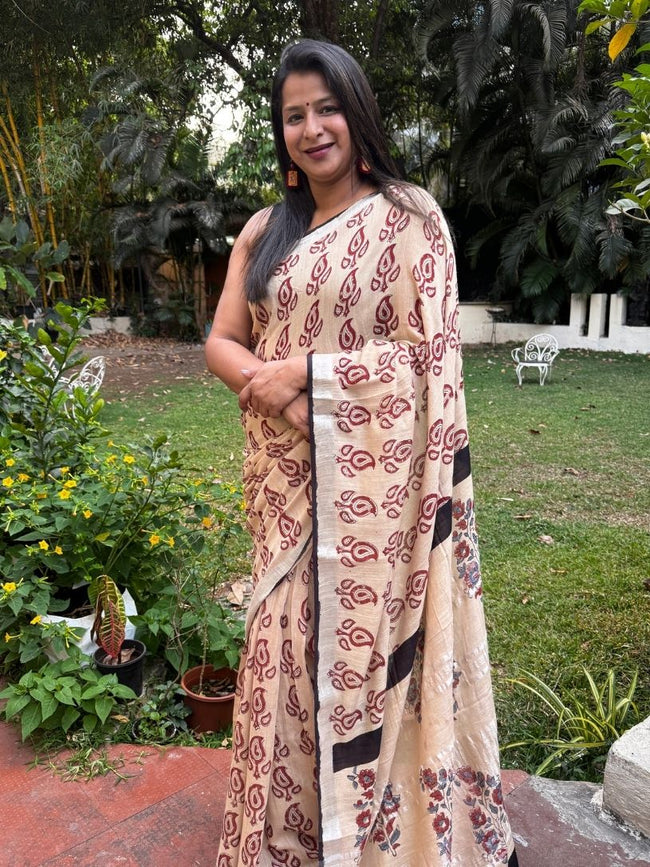 Beige & Maroon Pure Cotton Hand block Print Formal Saree Main Image